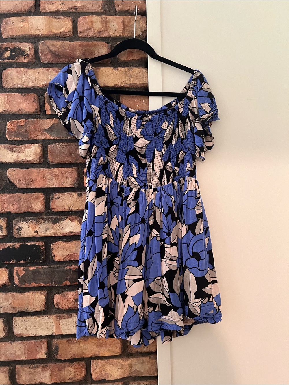 Free People Blue and Black Smocked Floral Top